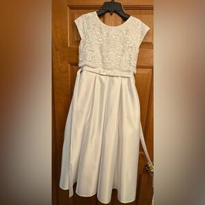 Sweet Kids White Embroidered Mesh Crop Top Satin Communion Dress with pockets.